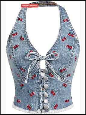 Cherry Print Denim Halter Tank Top Y2K Sleeveless